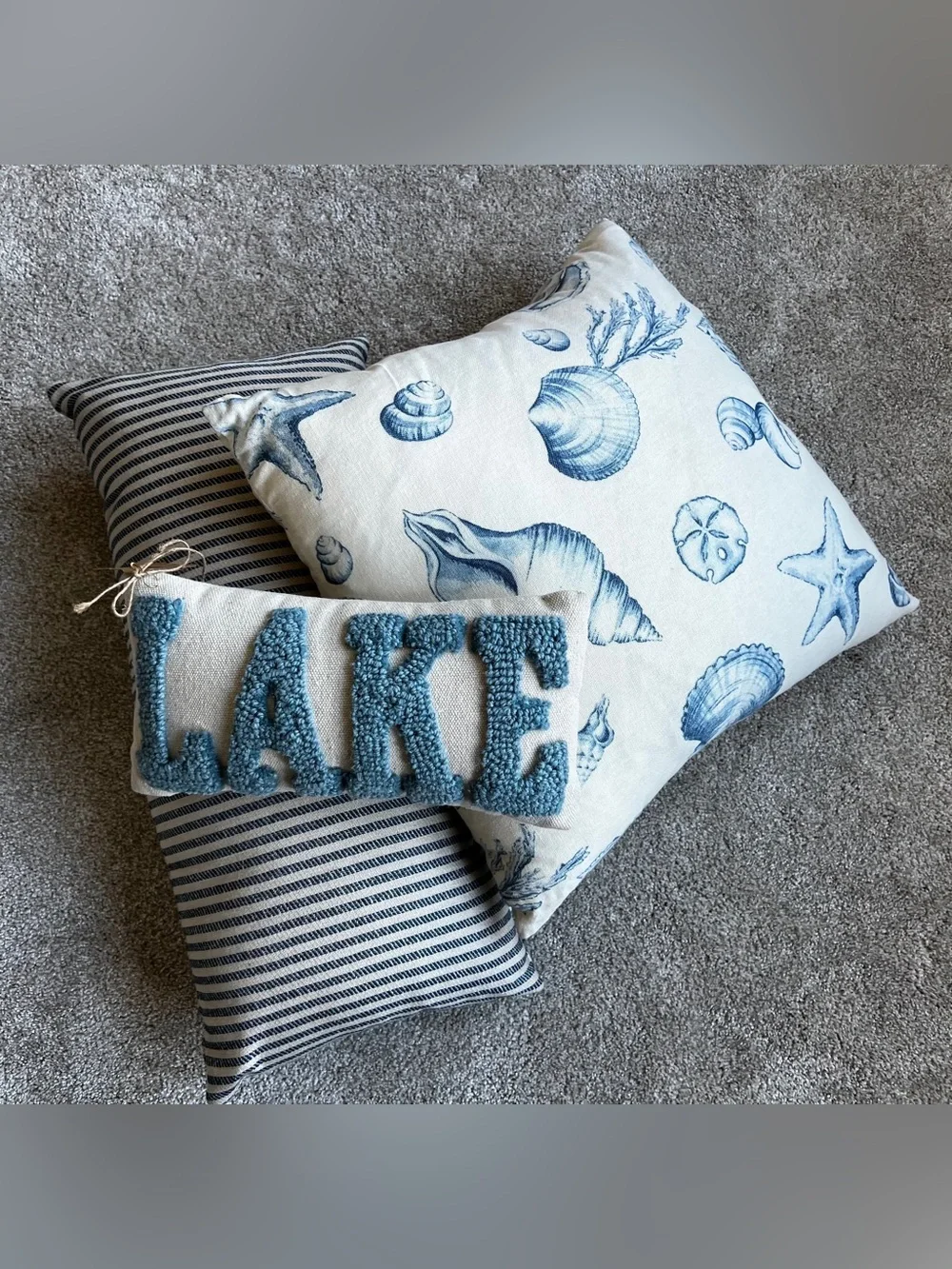 Mud Pie Cream Pillow with Blue Chenille LAKE Letters